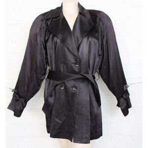Bebe 2 4 6 S M Jet Black Duchess Satin Sleek Belted Pockets Trench Coat Jacket